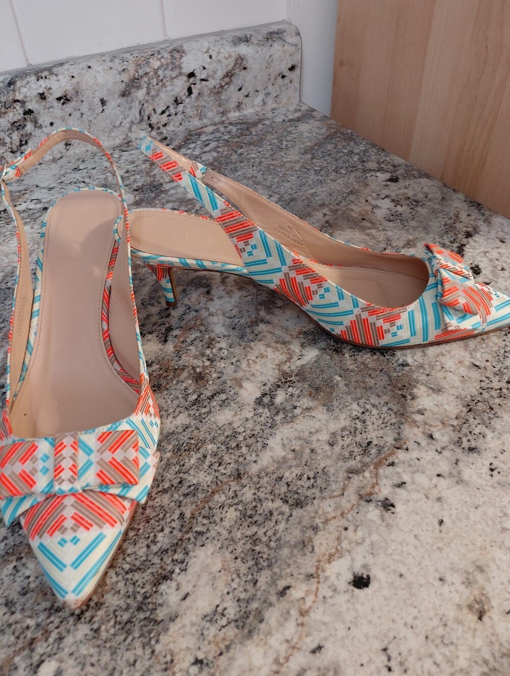 J. Crew Teal & Coral Leather Slingback Heels With A Bow